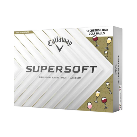Callaway Supersoft golf balls box with white and gold geometric design, featuring 12 Cheers logo golf balls with wine glass illustrations.