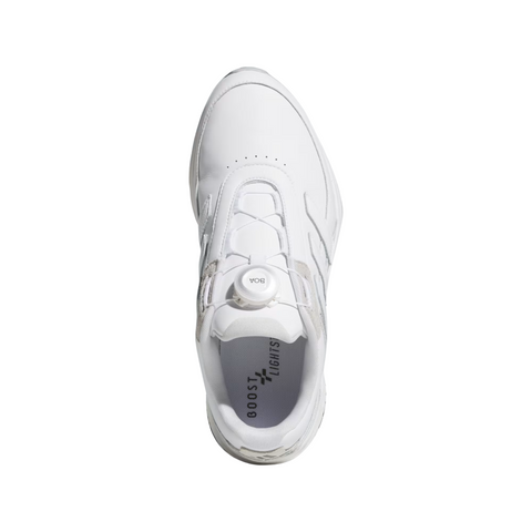 Top view of the Adidas 2025 Zoysia Boa Spikeless Women’s Golf Shoes in Cloud White, featuring a BOA fit system dial on the tongue and SL TI 500 BOA printed inside—for style and performance on the course.