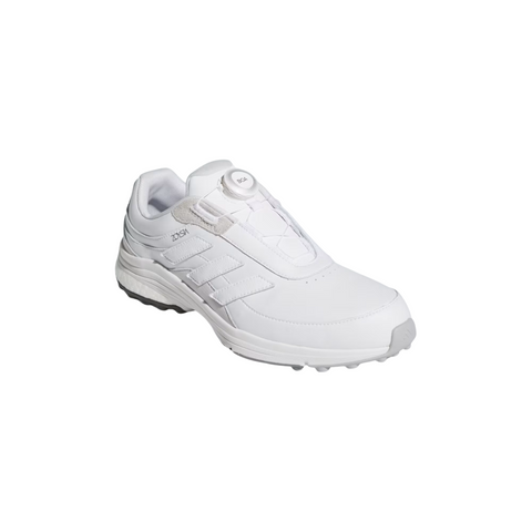 A single Adidas 2025 Zoysia Boa Spikeless Women’s Golf Shoe in Cloud White, featuring a textured sole and dial closure instead of laces, is displayed on a white background.