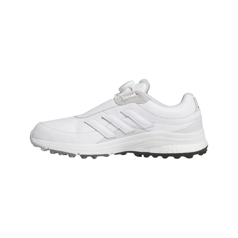 The Adidas 2025 Zoysia Boa Spikeless Women’s Golf Shoes in Cloud White feature a textured sole, lace-free Boa closure, and signature three stripes—ideal for stylish, all-day comfort on and off the golf course.