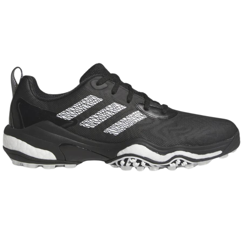 Side view of Adidas CodeChaos 25 Golf Shoes in black, featuring white Adidas stripes, spikeless outsole, and cushioned midsole.