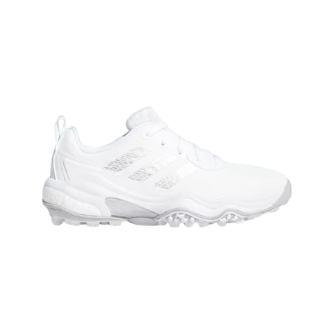 A white Adidas Codechaos 25 Womens Shoe with a textured sole, mesh upper, and subtle branding is shown side-on against a plain white background. This spikeless athletic sneaker is inspired by golf shoe design.