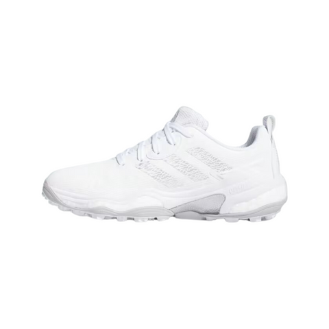 The Adidas Codechaos 25 Womens Shoes by Adidas is a white athletic sneaker inspired by spikeless golf shoes, with a mesh upper, lace-up closure, and textured sole, shown from the side on a plain white background.