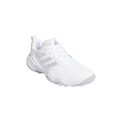 The Adidas Codechaos 25 Womens Shoes by Adidas are white athletic sneakers with a mesh upper, lace-up closure, and textured spikeless sole, shown at an angle on a plain white background.