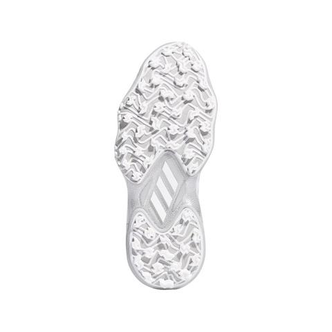The image displays the white, textured sole of the Adidas Codechaos 25 Womens Shoes by Adidas, featuring a wavy tread with cutouts that reveal three diagonal stripes in the center.