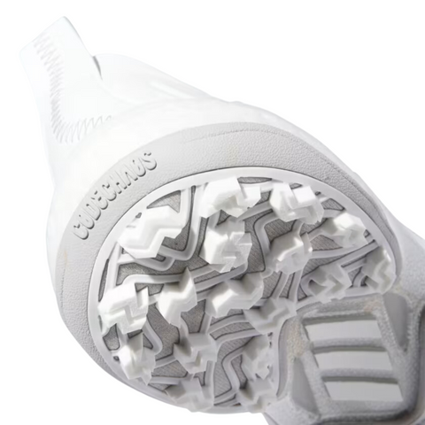 Close-up of the Adidas Codechaos 25 Womens Shoes sole, highlighting its multi-directional tread. These spikeless, waterproof shoes by Adidas feature CODECHAOS lettering on the side for style and performance on the course.