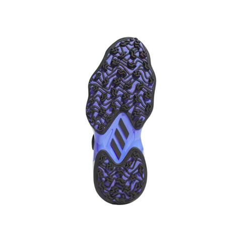 The image displays the sole of Adidas Codechaos Boa 25 Spikeless Womens Golf Shoes, showing a black and purple textured tread with two slanted rectangular cutouts. This innovative Adidas design stands out against a white background.
