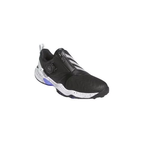 The Adidas Codechaos Boa 25 Spikeless Womens Golf Shoes feature a black design with the Boa Fit System, zippered front, white speckled midsole, purple heel accent, round adjustment dial, white text on the tongue, and a back pull tab.