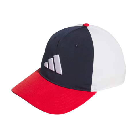 The Adidas Colourblock Snapback Hat by Adidas comes in Collegiate Navy and features a moisture-wicking sweatband for all-day comfort, shown here on a white background.