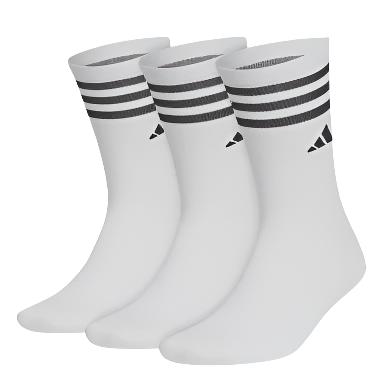 Side angle of Adidas 3-pack golf crew socks in white with black stripes at the top and Adidas logo near the ankle.