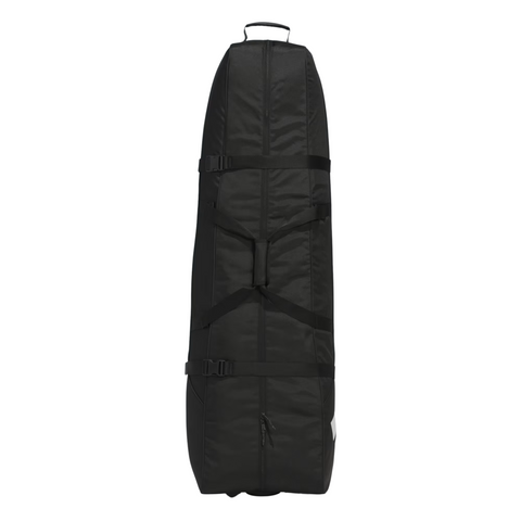 The Adidas Golf Travel Cover in black features a soft-sided design, compression straps, top handle, and front zippered pocket—making it a durable and stylish choice from Adidas for protecting your clubs on your next trip.