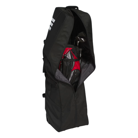 The Adidas Golf Travel Cover in black by Adidas is shown unzipped in front, revealing a red and black golf bag inside with golf clubs securely held.