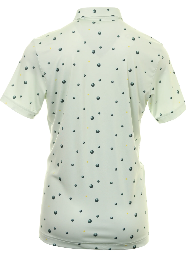 Back view of the Adidas Junior Golf Printed Polo in Linen Green/Shadow Green/Impact Yellow, featuring a breathable fabric with a scattered pattern of black and yellow dots. Displayed against a plain white background.