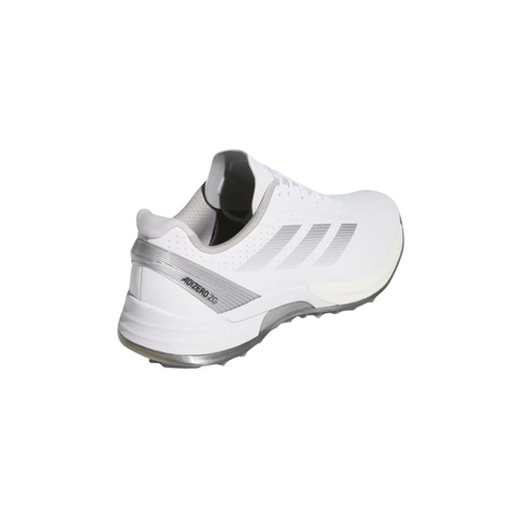 The Adidas Mens Adizero ZG Spikeless Golf Shoes are white with gray accents and three gray side stripes, displaying ADIPRENE near the heel in this rear view, highlighting their spikeless design against a white background.