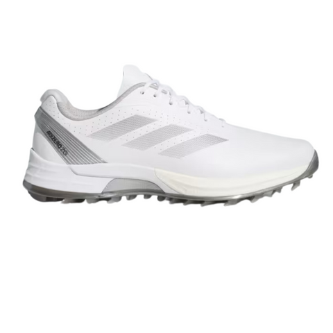 The Adidas Mens Adizero ZG Spikeless Golf Shoes feature a white, modern design with subtle gray accents and three diagonal stripes—ideal for golfers wanting lightweight, stylish footwear. Shown against a plain white background.