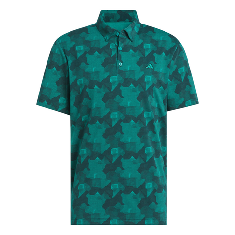 The Adidas Mens Go-To Printed Polo Shirt in Pure Teal/Ivy features a geometric camo design, short sleeves, lightweight performance fabric, and a small chest logo—ideal for stylish comfort on the golf course.