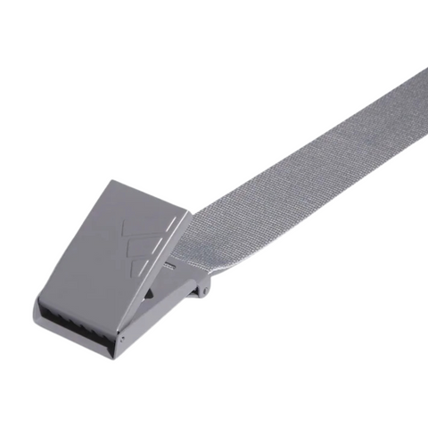 A close-up of a gray metal cam buckle on a gray woven strap, featuring the sturdy design of the Adidas Men’s Reversible Webbing Belt in Grey/White by Adidas, ideal for securing or tightening loads.