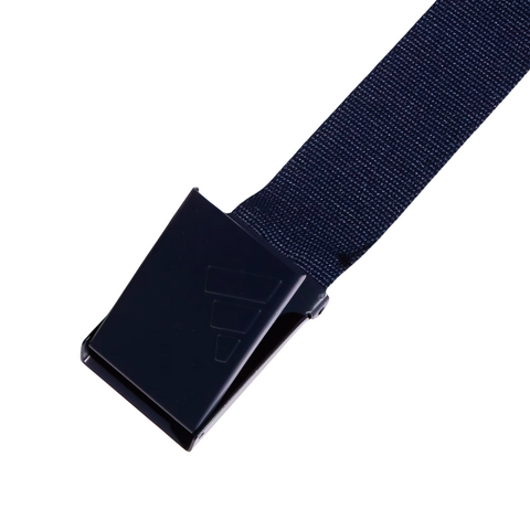 A close-up of the Adidas Men’s Reversible Webbing Belt in navy and grey from golf360nz, featuring a black rectangular metal buckle with a subtle embossed design, shown against a white background.