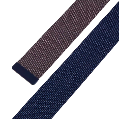 Displayed side by side are two golf360nz belts: one is a dark brown woven belt with a solid tip, and the other is the Adidas Men’s Reversible Webbing Belt in navy/grey, both shown on a white background.