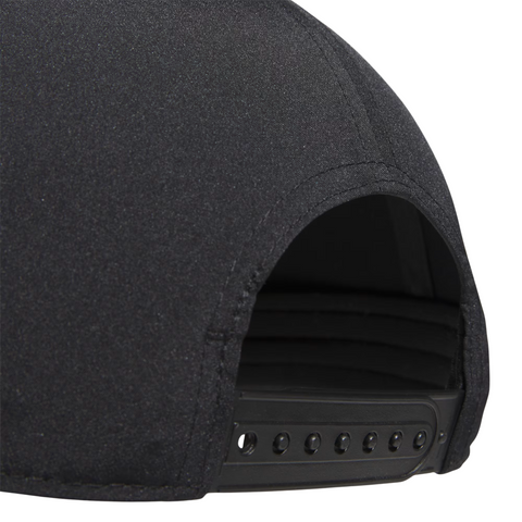 Close-up of the back of the Adidas Mens Tour Five-Panel Hat in black by Adidas, highlighting its adjustable plastic snap closure.
