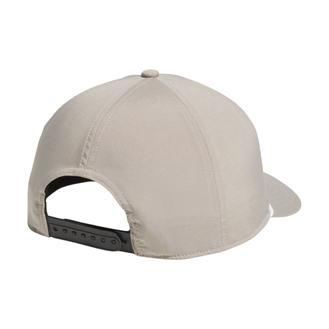 A putty beige Adidas Mens Tour Five-Panel Hat is shown from the back, featuring a black adjustable snap strap and made from breathable performance fabric.