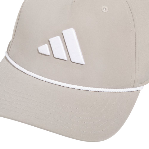 The Adidas Mens Tour Five-Panel Hat in putty beige features breathable performance fabric, a white Adidas logo, and white rope detail above the brim for a classic look.