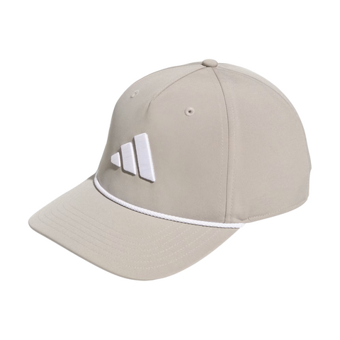 The Adidas Mens Tour Five-Panel Hat in putty beige features a breathable performance fabric, curved brim, white embroidered logo on the front, and a white accent line—perfect for golf or casual wear.
