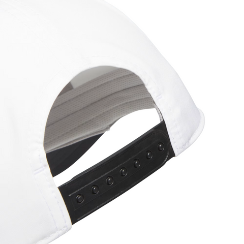 Close-up of the Adidas Mens Tour Five-Panel Hat in white, highlighting its breathable back, black adjustable plastic snap closure with multiple sizing holes, and visible interior stitching details.
