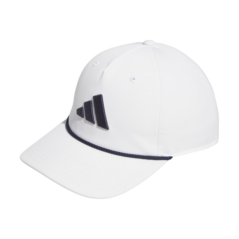 The Adidas Mens Tour Five-Panel Hat in white features a black front logo and thin black trim above the brim; this breathable cap is ideal for golf and is shown on a plain white background.