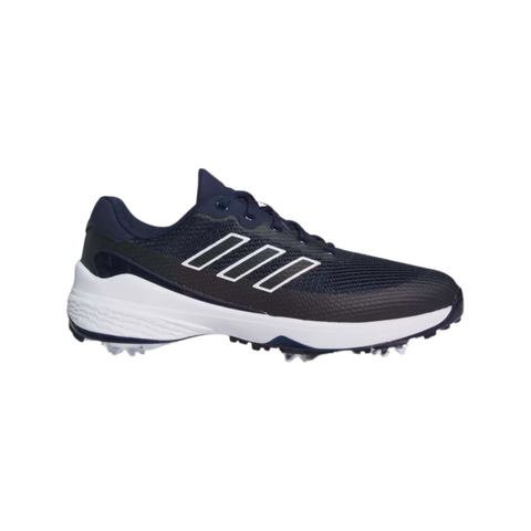 The Adidas Mens ZG23 Vent Golf Shoes (US 8.5, 9 Only) feature a black design with white accents, three diagonal side stripes, Boost technology, and a thick white sole, shown on a plain white background.