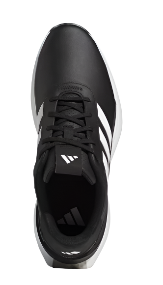 The Adidas S2G 2024 Mens Golf Shoe by Adidas is black with white stripes, a white sole, and black laces. Viewed from above, it features a spikeless design and displays a white geometric Adidas logo on the tongue and inner sole.