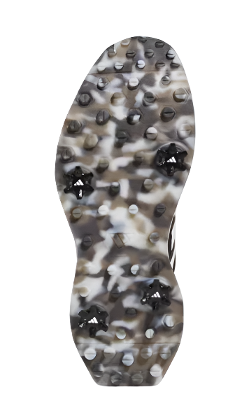 The image displays the sole of the Adidas S2G 2024 Mens Golf Shoes, featuring a camouflage pattern and rubber studs for turf or grass traction. These spikeless Adidas shoes are ideal for any mens golf shoe collection.