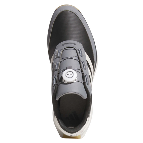 Top view of Adidas S2G 24 BOA Men’s Golf Shoes in Carbon, Chalk White, and Grey Three by Adidas, featuring side stripes and a BOA Fit System dial closure—spikeless design for comfort and performance on a white background.