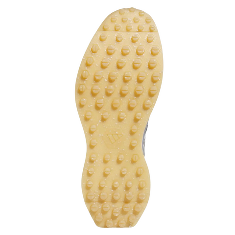 The image displays the sole of the Adidas S2G 24 BOA Men’s Golf Shoes in Carbon/Chalk White/Grey Three, featuring a textured pattern of round rubber studs for traction, highlighting their spikeless golf design.