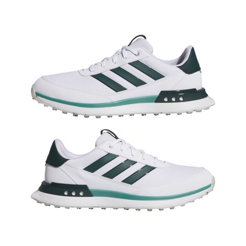 Adidas S2G 24 Men’s Golf Shoes in Cloud White with silver accents feature textured spikeless soles and lace-up fronts, shown from the side.