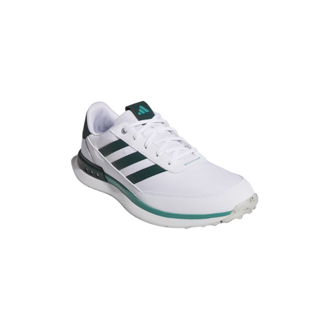 The Adidas S2G 24 Men’s Golf Shoes in Cloud White, Wonder Silver, and Silver Pebble feature a lace-up design, spikeless sole, and silver accents. This stylish golf shoe is shown on a plain white background.