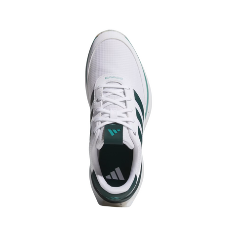 Top view of the Adidas S2G 24 Men’s Golf Shoes by Adidas in Cloud White/Wonder Silver/Silver Pebble, featuring a lace-up design and textured toe area. These spikeless golf shoes are shown isolated on a white background.