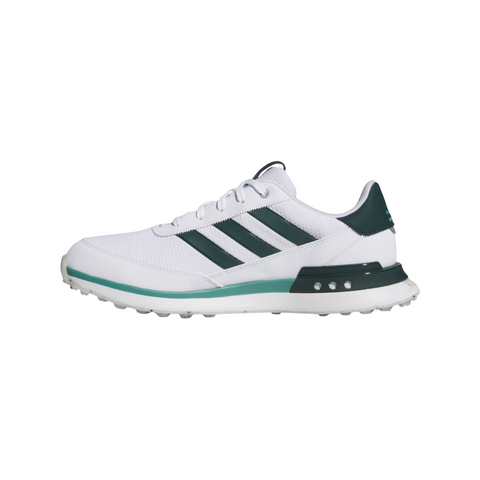 The Adidas S2G 24 Men’s Golf Shoes in Cloud White/Wonder Silver/Silver Pebble feature three black stripes, silver accents, and a spikeless textured sole for grip, combining style and performance on the course.
