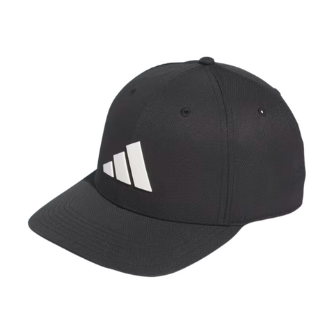 The Adidas Tour Snapback Golf Cap by Adidas features a black flat brim, a large white front logo, and an adjustable snapback closure, shown on a white background.