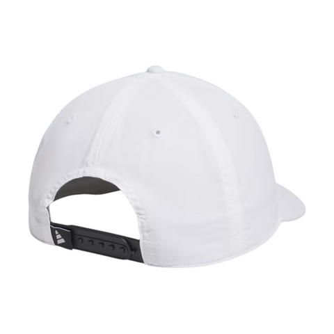 The Adidas Tour Snapback Golf Cap in white is shown from the back, highlighting a black adjustable snapback strap and a small white logo on the left—ideal for Adidas fans seeking style and comfort.