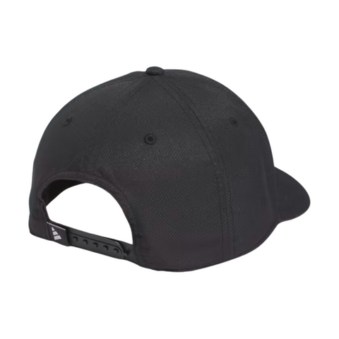 The Adidas Tour Snapback Golf Cap by Adidas, shown from the back in black, features an adjustable snapback closure and stitched eyelets for ventilation.