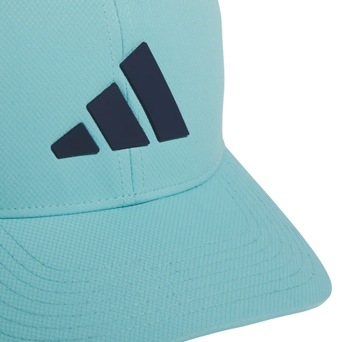 Close-up of the Adidas Tour Snapback Hat in light blue, featuring a bold black Adidas logo on the front—ideal as a stylish golf hat for any course.