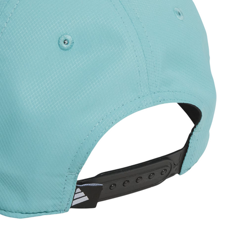 Close-up of the Adidas Tour Snapback Hat in light blue, highlighting its adjustable black strap and small white Adidas logo tag—ideal for a stylish golf look.