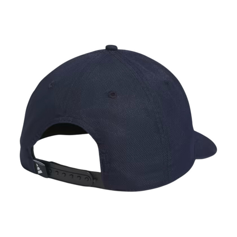 The Adidas Tour Snapback Golf Cap, shown from the back in navy blue, features an adjustable snapback strap and a small Adidas logo near the strap.