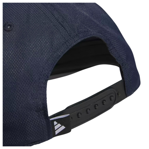 Close-up of the back of the Adidas Tour Snapback Golf Cap in navy blue, showing a black adjustable snapback strap and a small white Adidas logo on the side.