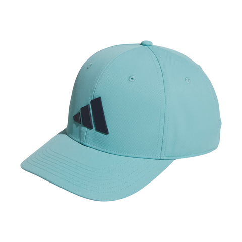 The Adidas Tour Snapback Hat features a light blue color, curved brim, and dark blue Adidas logo on the front—ideal as a stylish golf hat for any enthusiast. Displayed against a white background.