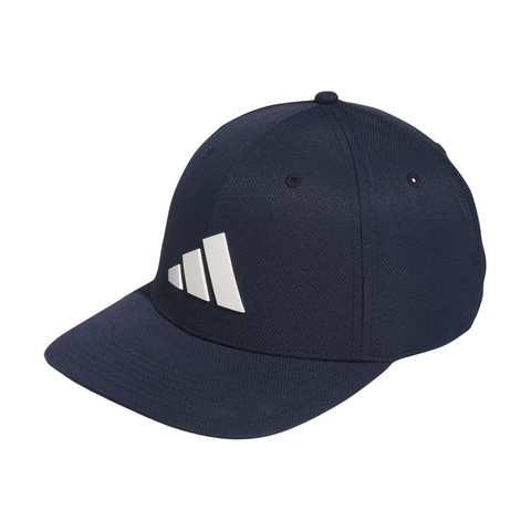 The Adidas Tour Snapback Golf Cap, in navy blue with a white Adidas logo on the front, features a curved brim and adjustable snapback closure.