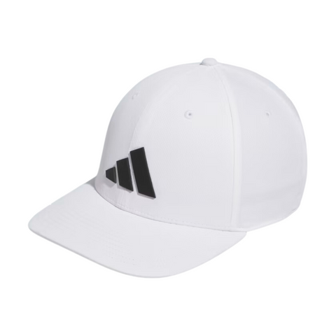 The Adidas Tour Snapback Golf Cap is a white cap with a curved brim, featuring a black Adidas logo on the front left and an adjustable snapback for a custom fit.