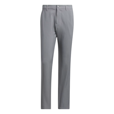 The Adidas Ultimate365 Mens Golf Pants feature a light gray color, straight-leg fit, belt loops, button closure, and side pockets—perfect moisture-wicking comfort from Adidas for all-day performance on the course.
