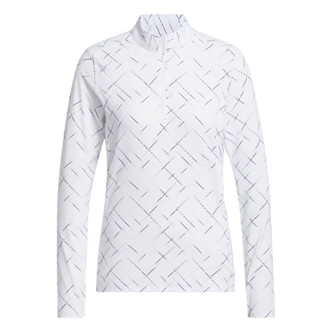 The Adidas Ultimate365 Printed Quarter-Zip Long-Sleeve Polo Shirt in white features a stand-up collar and a subtle crisscross line pattern in light grey and purple.